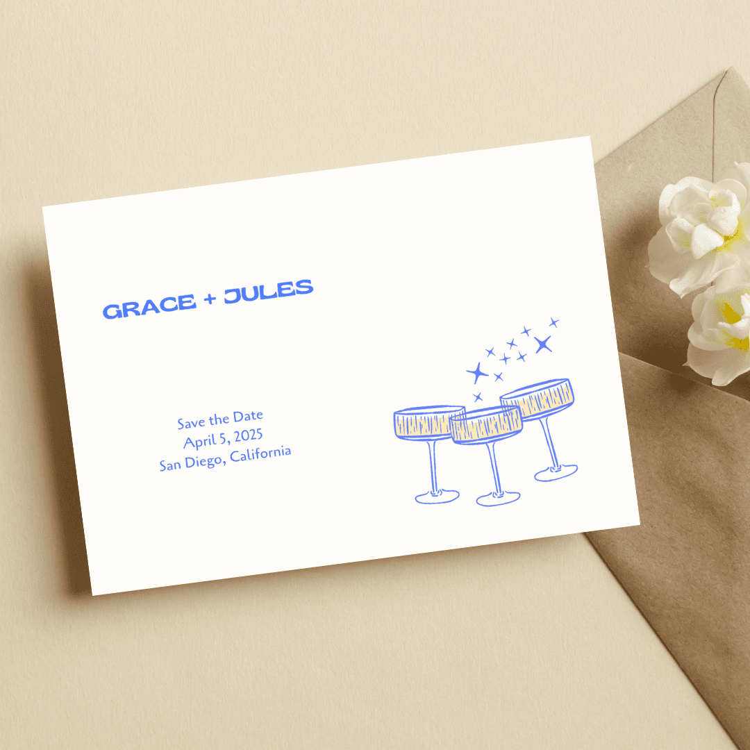save the date for grace and jules' wedding with a stylized illustration of three coupe glasses of champagne with stars bubbling as effervescence up above them 
