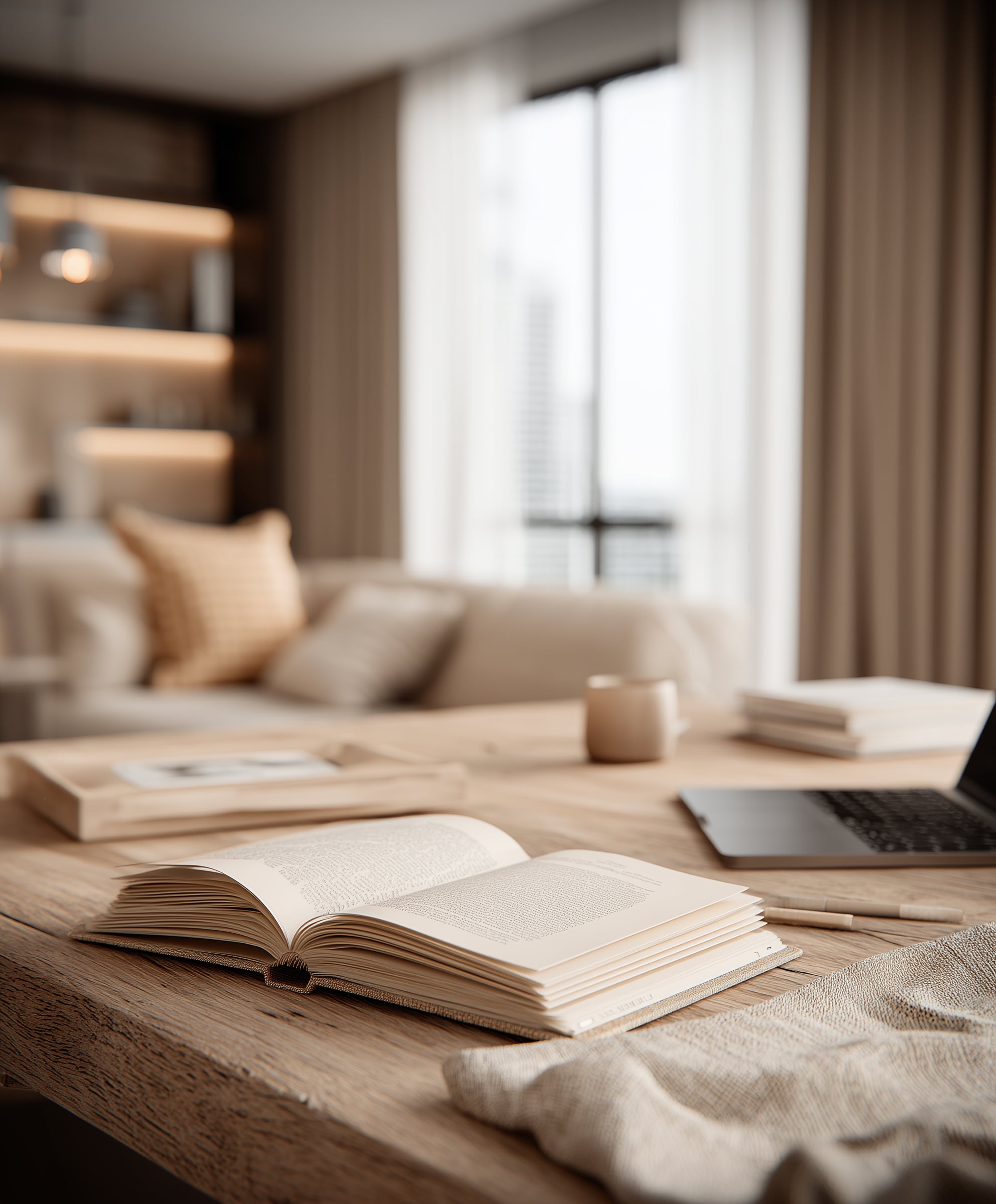 A book and stuff on wooden table and warm tone