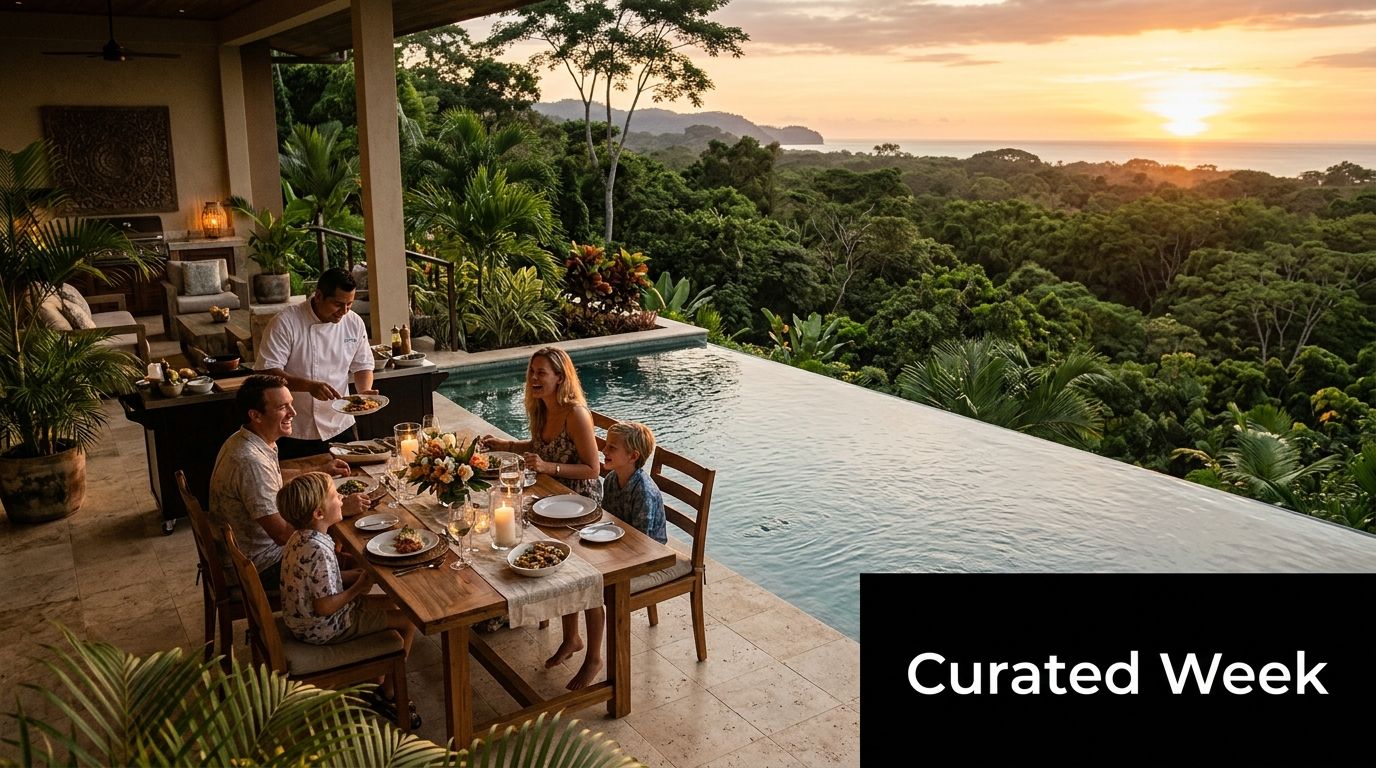 A family enjoys a private chef dinner on a villa terrace overlooking a tropical jungle and sunset.