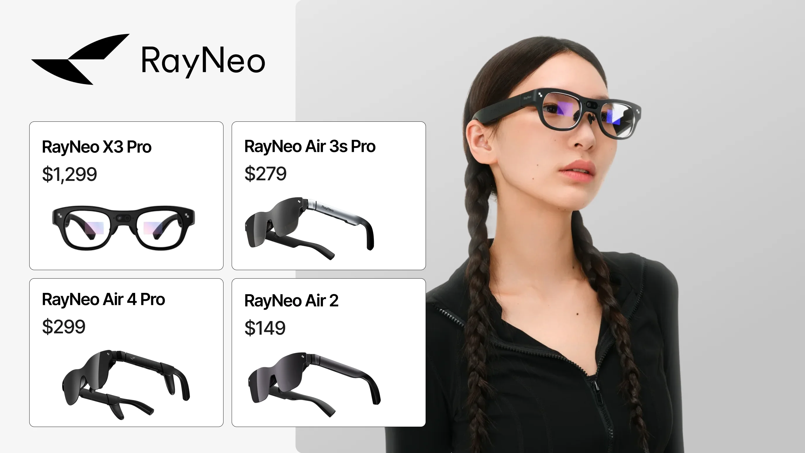 RayNeo smart glasses and AR glasses product overview showing four models: RayNeo X3 Pro at $1,299, RayNeo Air 3s Pro at $279, RayNeo Air 4 Pro at $299, and RayNeo Air 2 at $149, alongside an Asian woman wearing RayNeo AR glasses