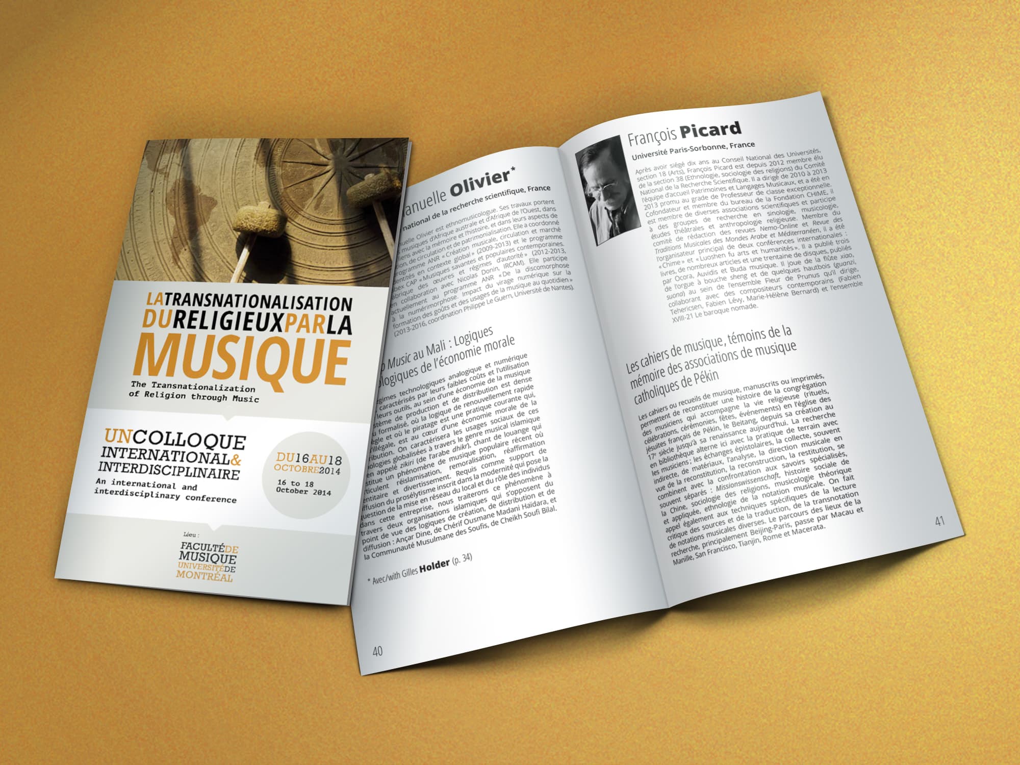 Printed program for the international and interdisciplinary conference “La transnationalisation du religieux par la musique” (The Transnationalization of Religion through Music), held at the Faculté de musique, Université de Montréal, from October 16–18, 2014. The image shows the cover featuring drum mallets resting on a percussion instrument and an open spread highlighting scholarly articles, including one by François Picard of Université Paris-Sorbonne.