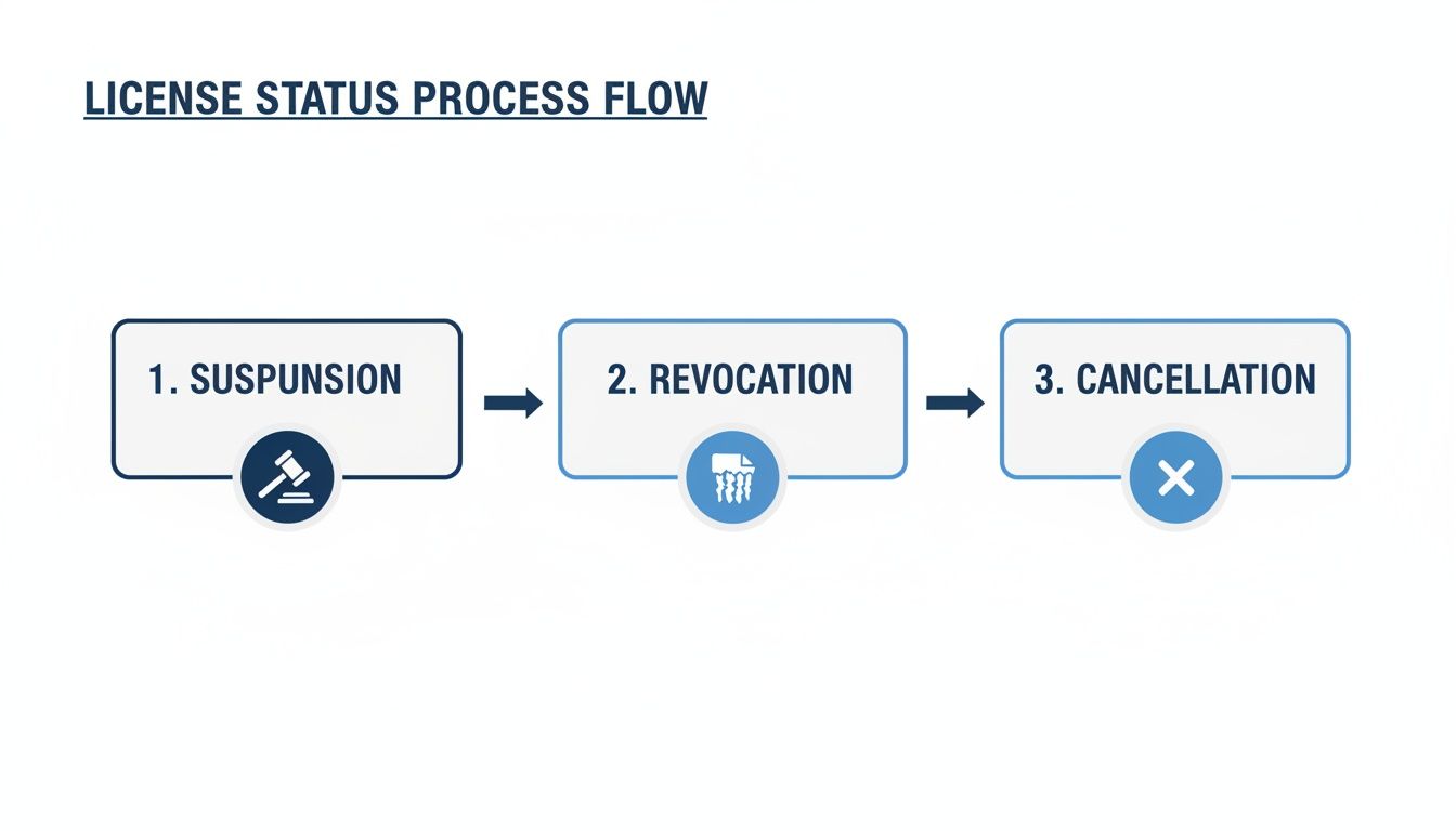 A process flow chart illustrating license status steps: suspension, revocation, and cancellation with icons.