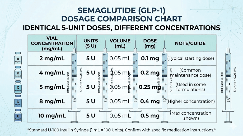Different semaglutide vial concentrations showing how 5 units varies in mg dose