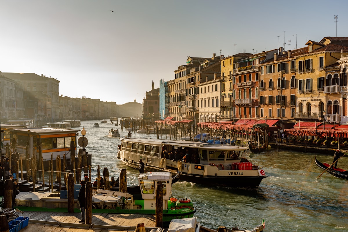 ACTV vaporetto water bus crossing the Grand Canal in Venice, the city's metro on the water