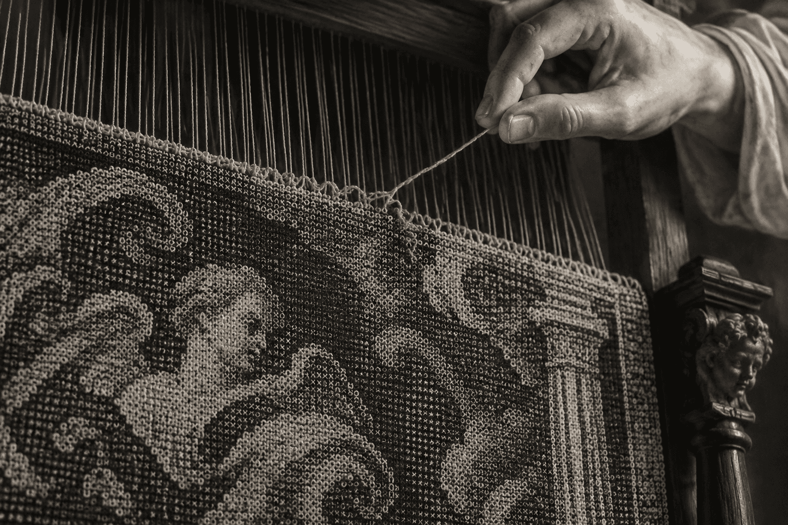 Two marble fingers drawing a single pink thread back out of the last row of a woven tapestry on a loom