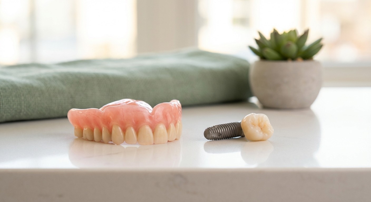 A side-by-side comparison of traditional removable dentures versus a modern dental implant with crown on a clinical surface