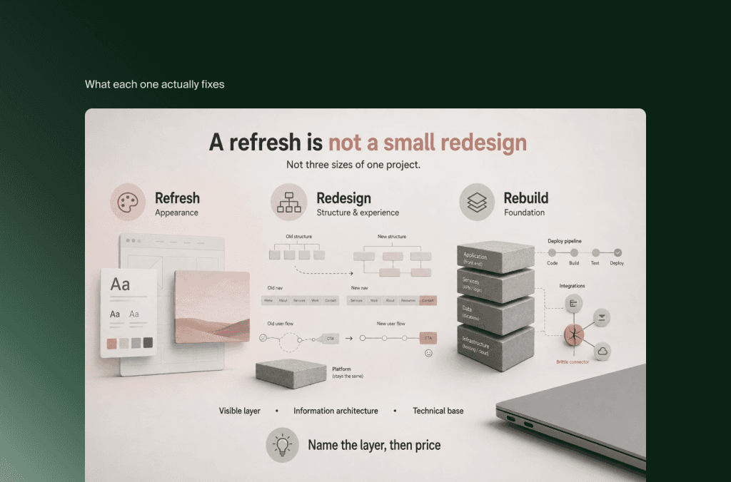Refresh, Redesign und Rebuild im Vergleich nach Ebene: Optik, Struktur und Nutzererlebnis oder technisches Fundament