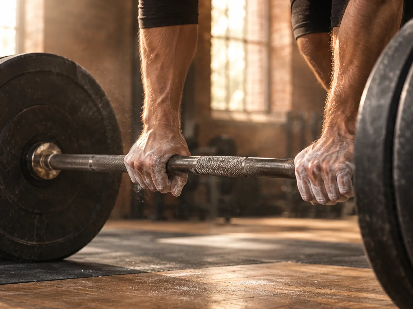 Chalked hands gripping a loaded barbell