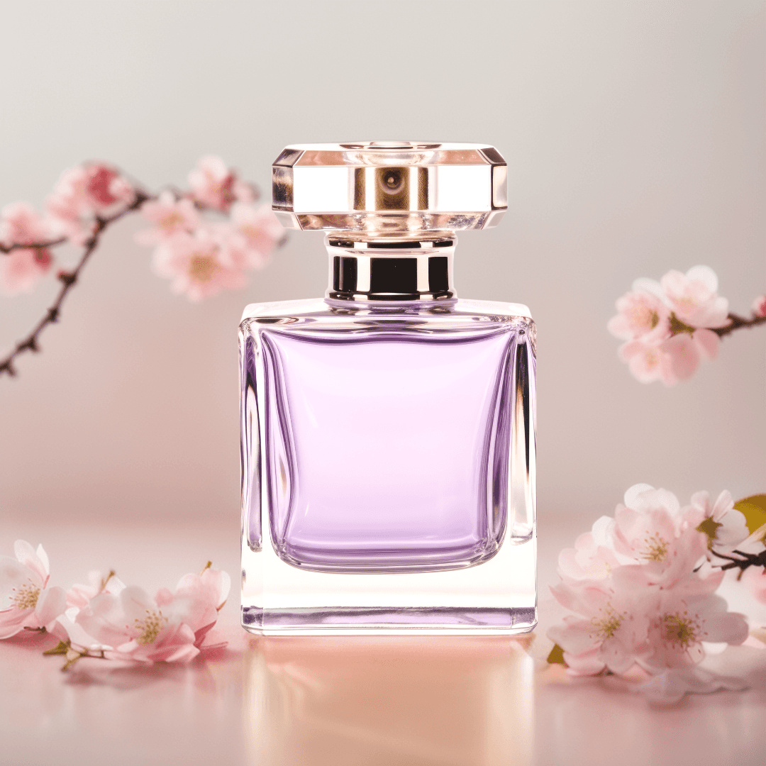 Perfume bottle on a cristal pink marble in front of a blooming sakura tree. Image generated by AI. 