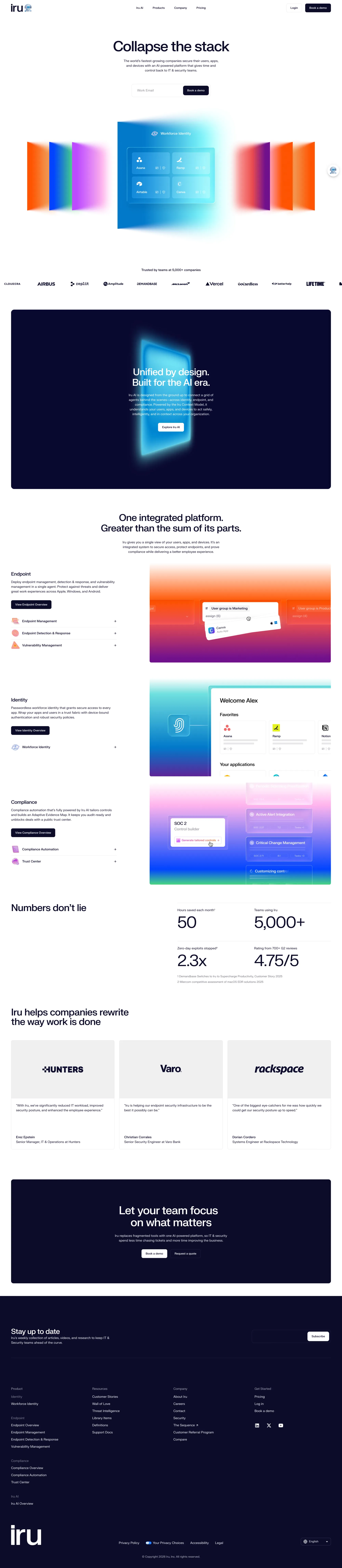 Iru: Identity, Endpoint, & Compliance fo landing page screenshot showcasing AI and Tech design