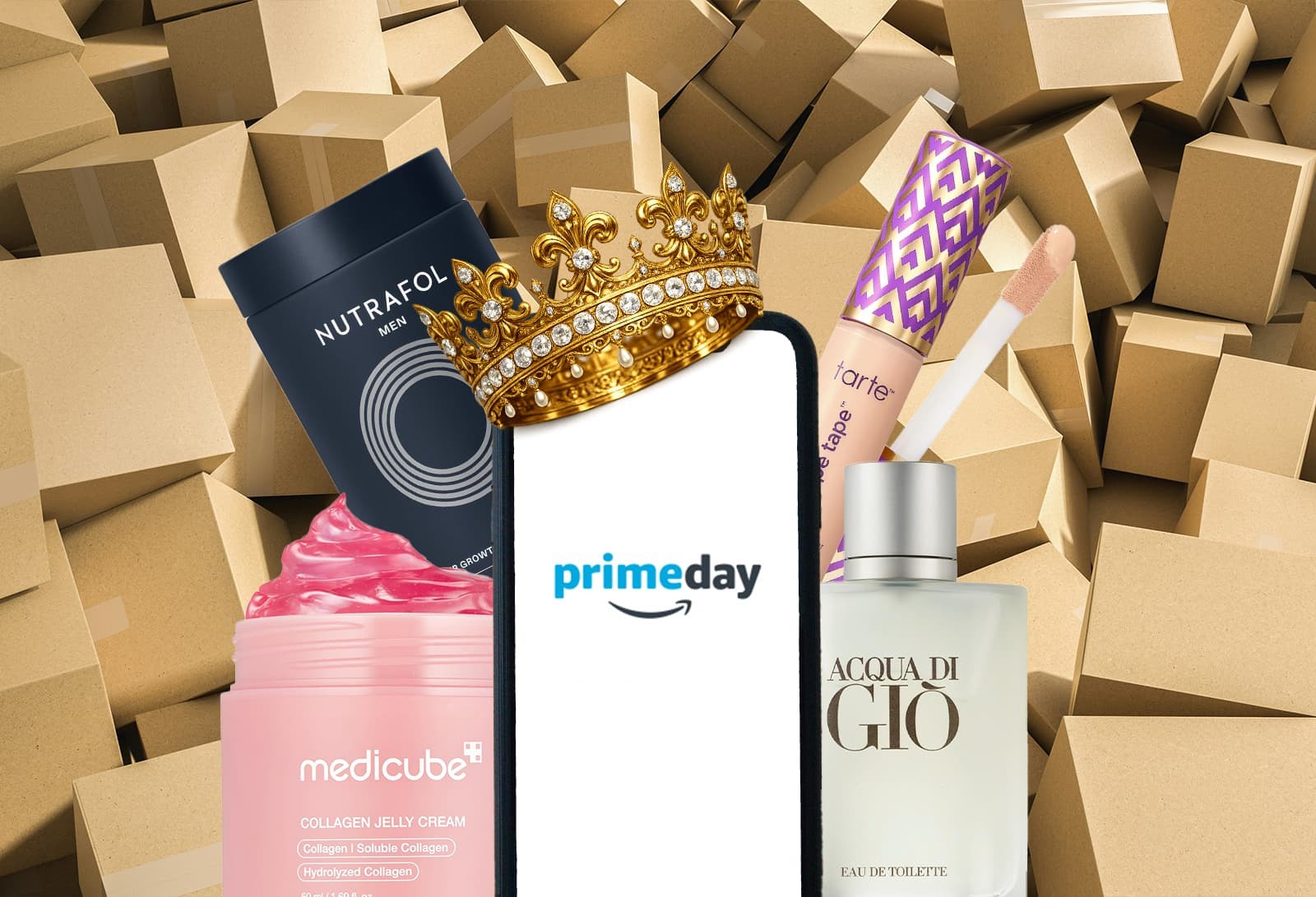 Prime Day beauty collage with medicube, Tarte and Nutrafol products around a phone showing the Prime Day logo