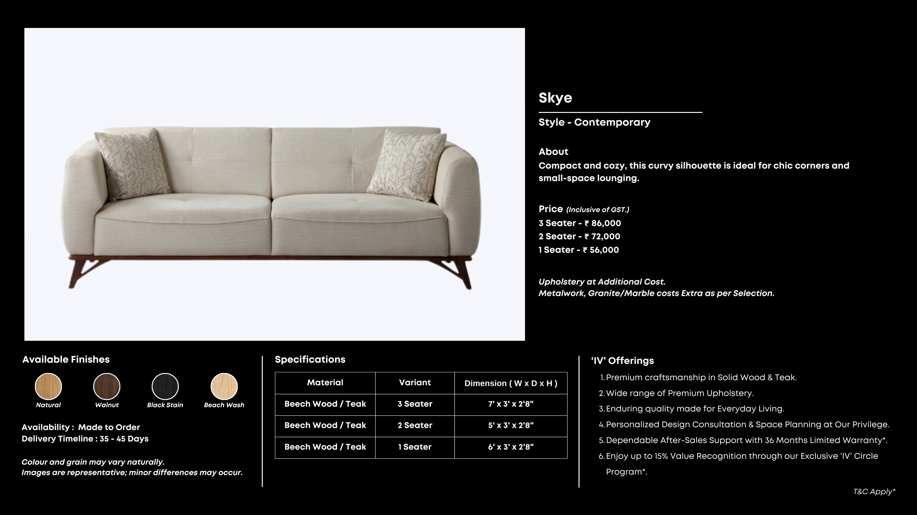 Beige contemporary sofa with sculpted arms and solid wood legs.