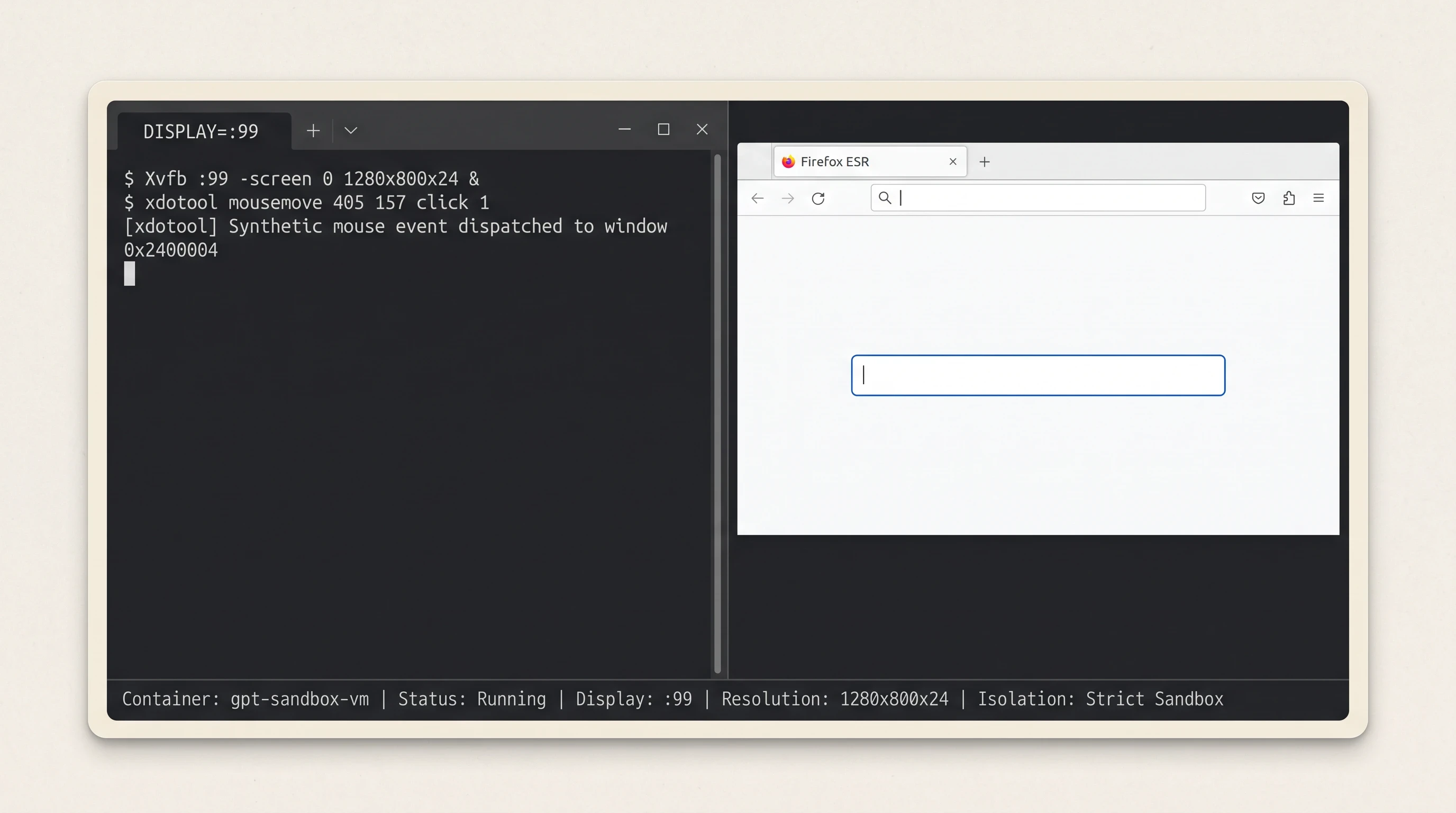 Teaching reconstruction of sandboxed Docker virtual desktop container running Xvfb display 99 and xdotool