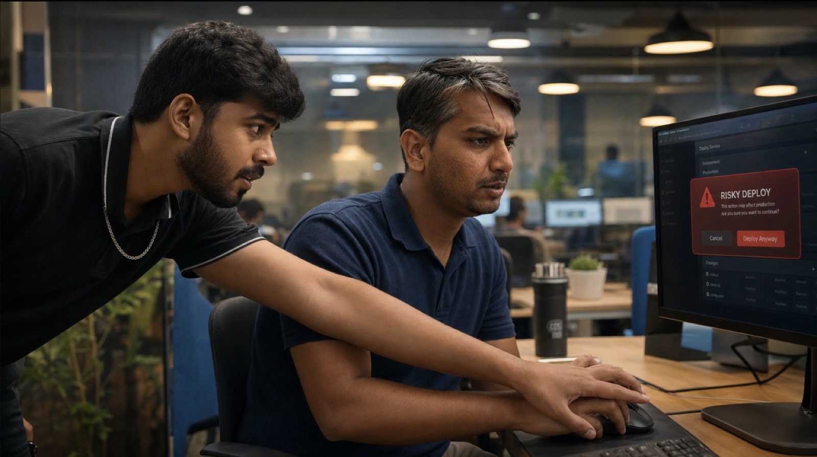 A teammate stopping a risky deploy for review