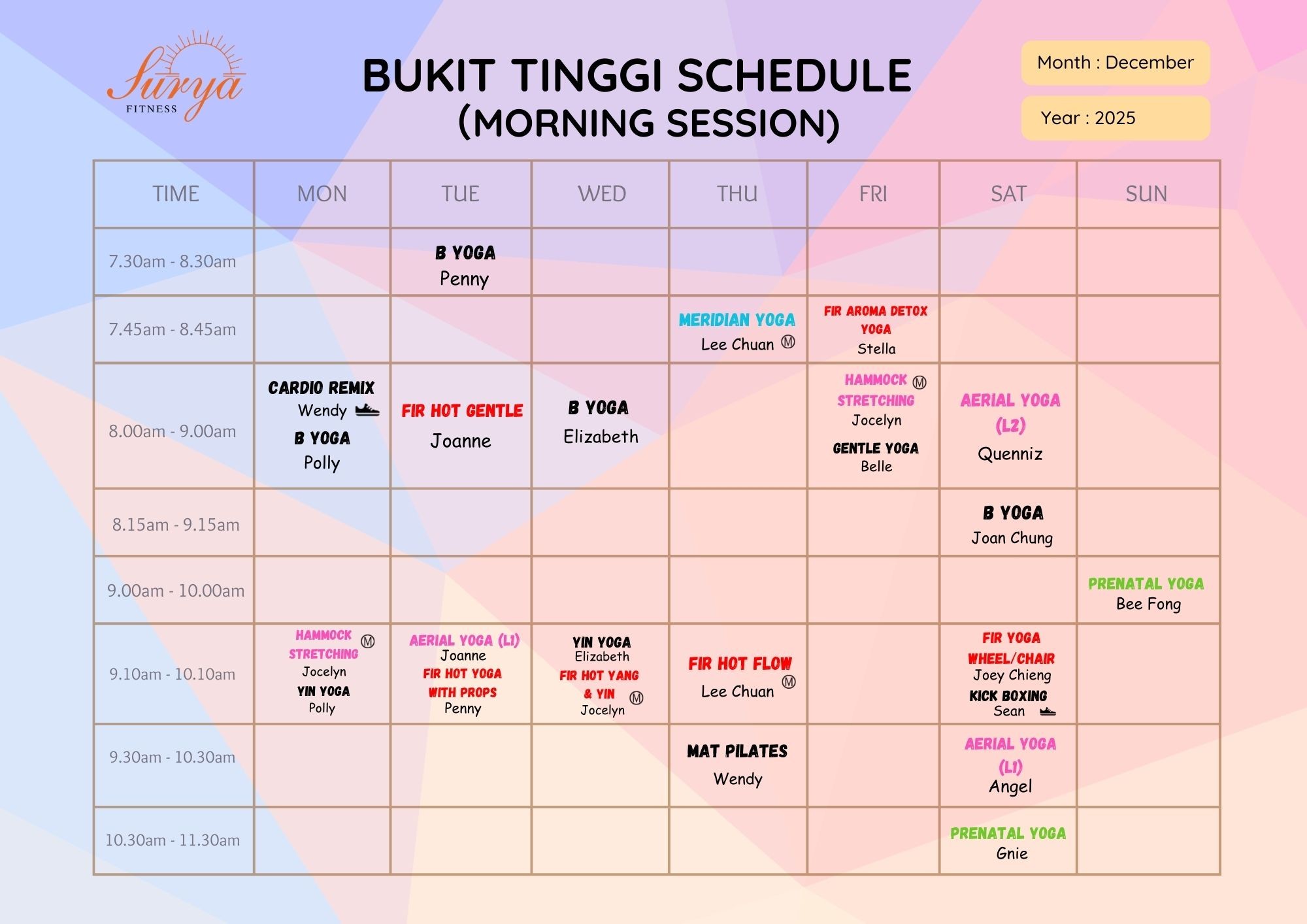Surya Fitness Bukit Tinggi Schedule