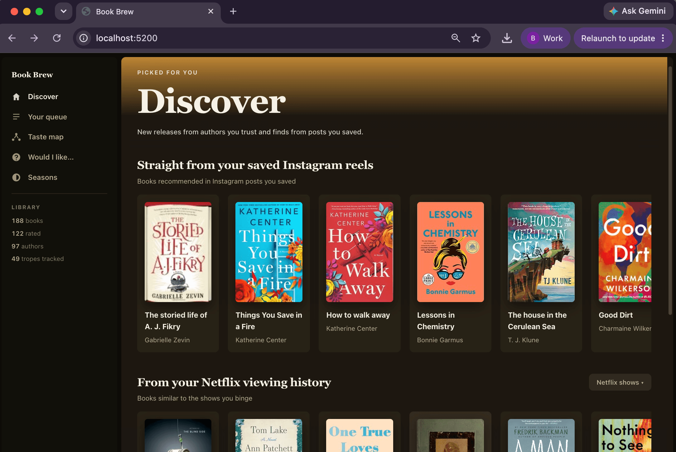 Book Brew’s Discover page organizes recommendations from saved Instagram Reels and suggests books based on Netflix viewing history.