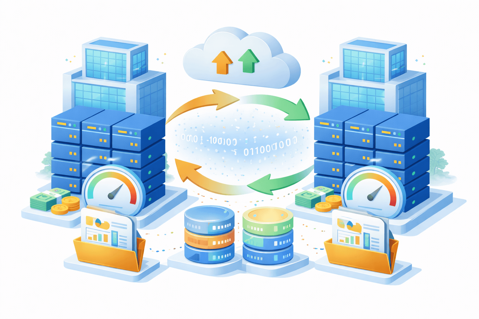 Ilustrasi cloud data replication & bi‑directional synchronization architecture. Dua data center identik di kiri dan kanan menampilkan tumpukan server dengan performance gauge pada level seimbang. Di tengah, cloud dengan panah naik–turun menandakan upload/download. Panah melingkar hijau–oranye menghubungkan kedua sisi, merepresentasikan sinkronisasi dua arah dan replikasi real‑time atas data biner. Di bagian bawah terdapat database stacks, folder laporan, dan ikon koin yang melambangkan penyimpanan terstruktur, analitik, serta nilai bisnis. Visual menggambarkan arsitektur active‑active, high availability, dan konsistensi data lintas lokasi.