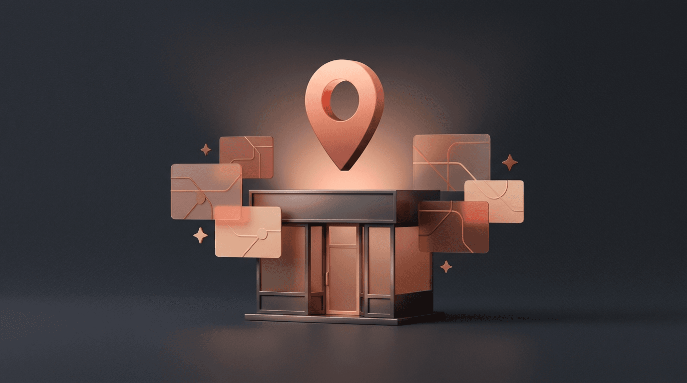 3D rendering of a store facade with a glowing location pin above and map-like abstract shapes surrounding it.