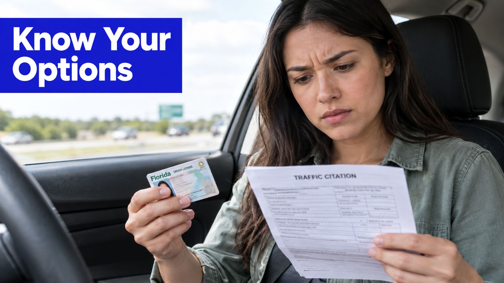 A concerned woman sitting in a car, holding her Florida driver's license and a traffic citation document.