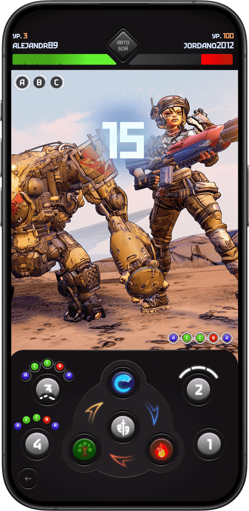 AR-craft mobile game combat screen showing a post-apocalyptic battle scene, player and enemy health bars, turn countdown, ability controls, and elemental attack buttons.