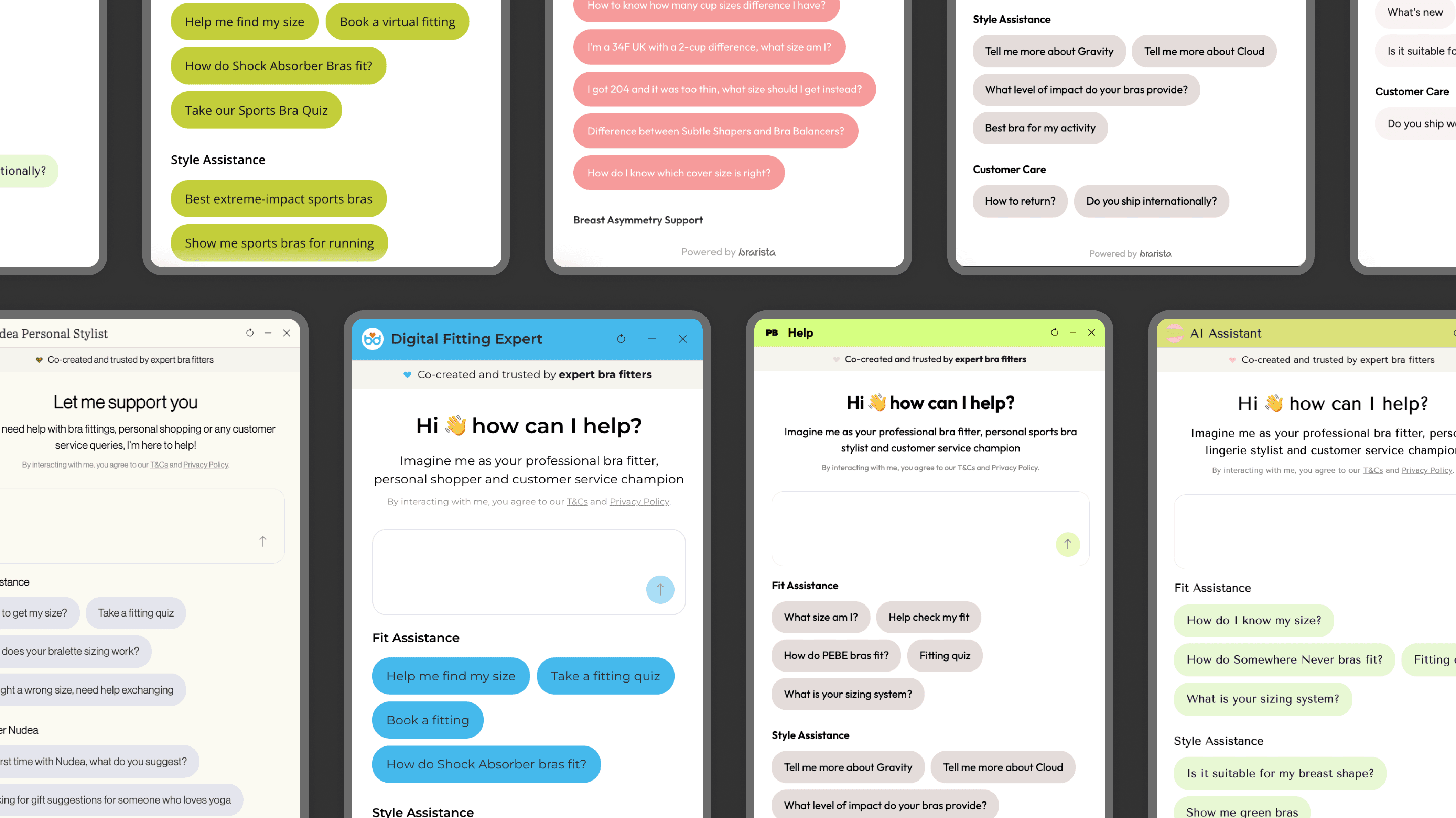 Brarista chatbot integrated across multiple lingerie retailer websites, each reflecting the brand's own visual identity.