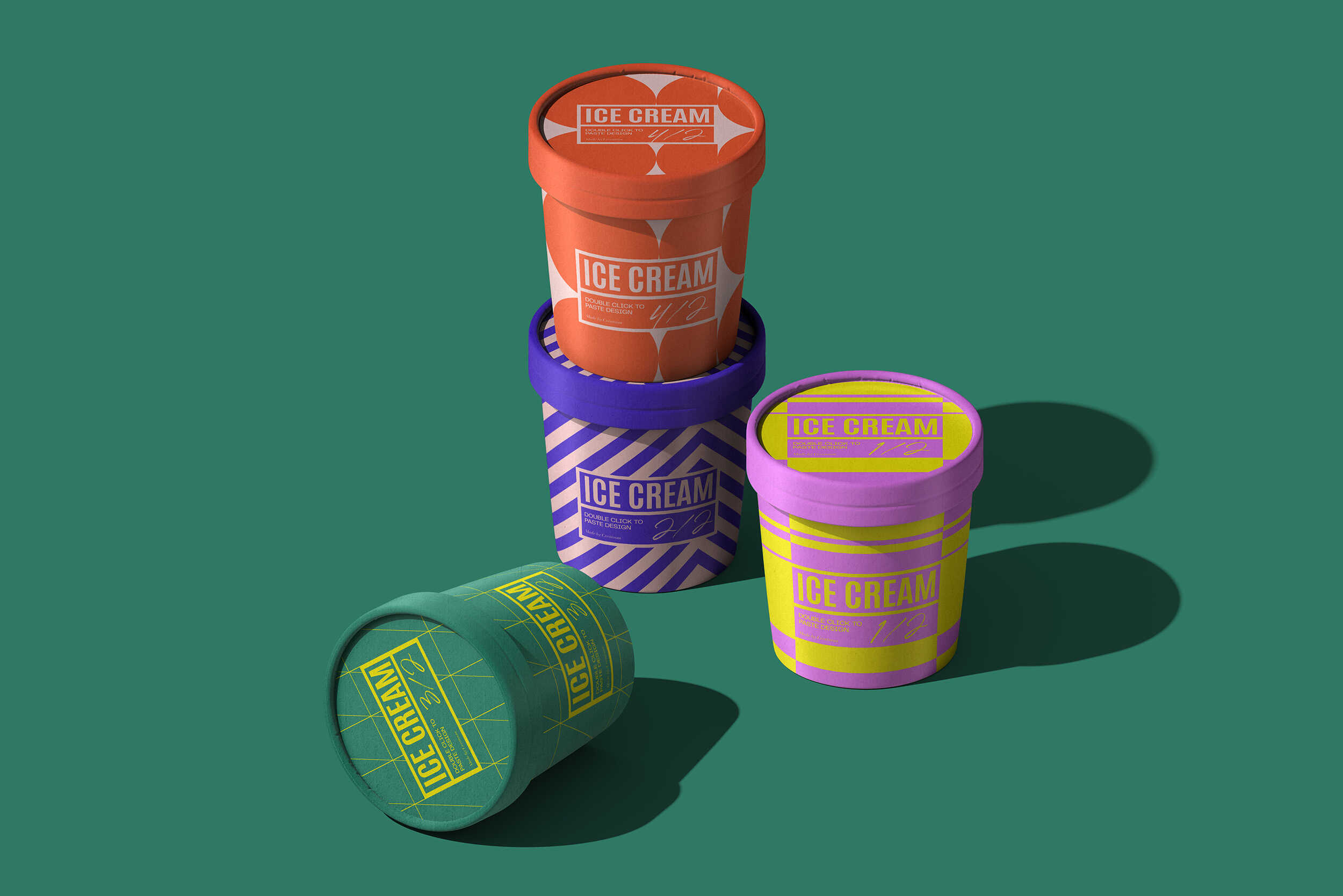 Group of ice cream tubs stacked in varied colors and patterns on green backdrop