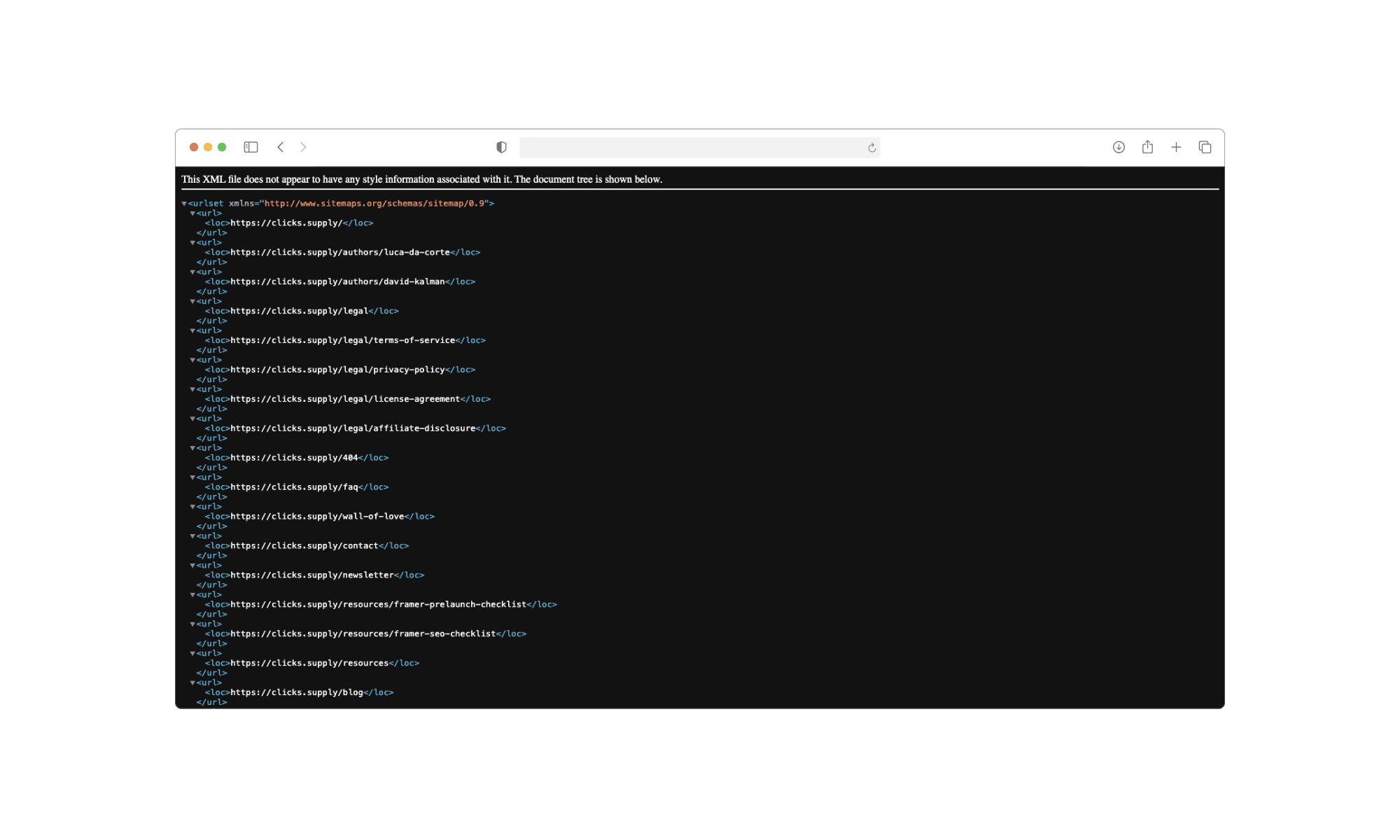 Example of a sitemap for a Framer website