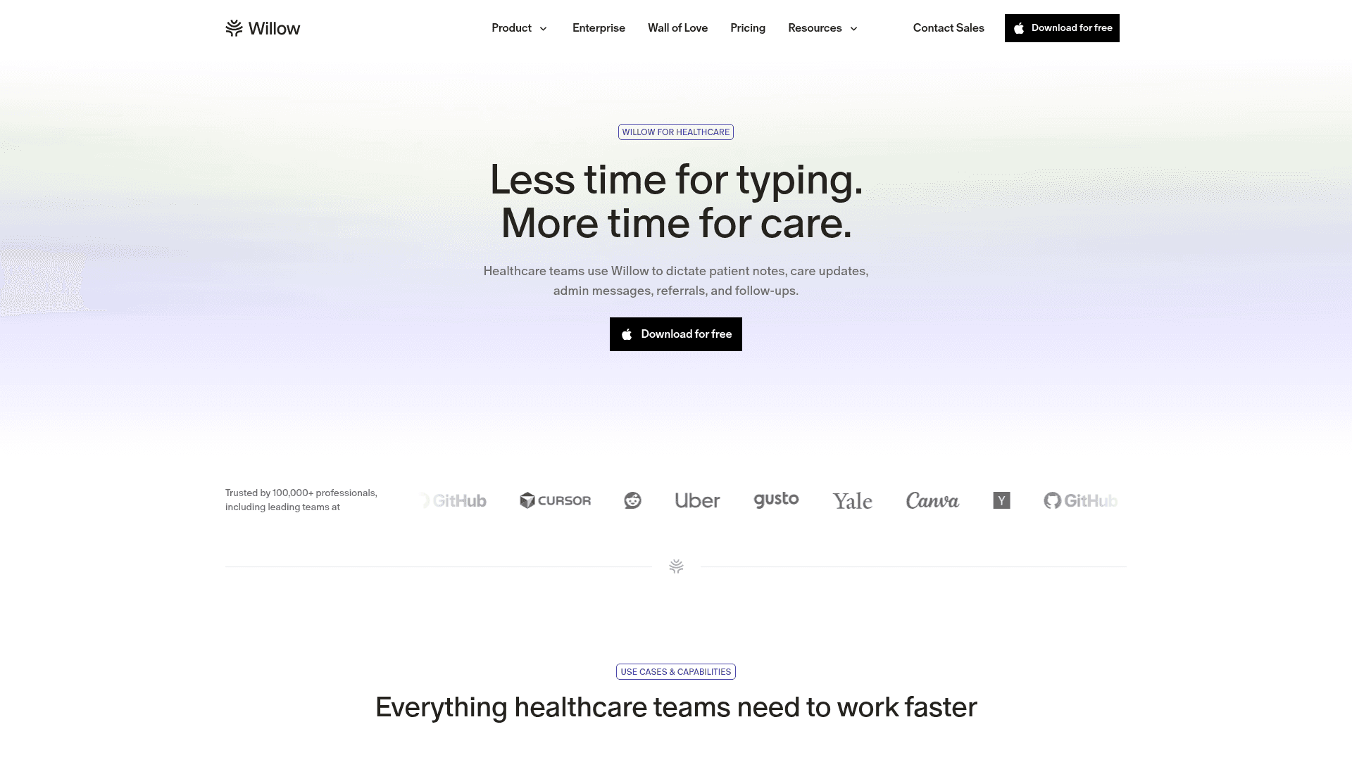 Screenshot of https://willowvoice.com/healthcare