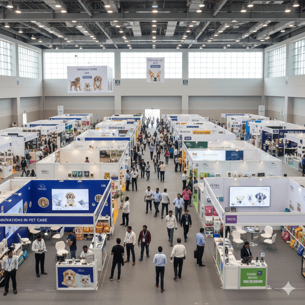 Interior view of HITEX Hyderabad during PETEX INDIA 2026 with pet care exhibitor booths and attendees networking inside the exhibition hall