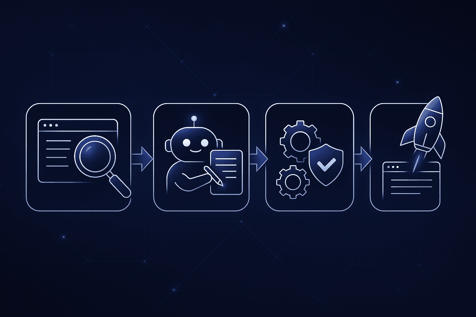 Flow diagram of Relixir’s four-stage automated content refresh pipeline