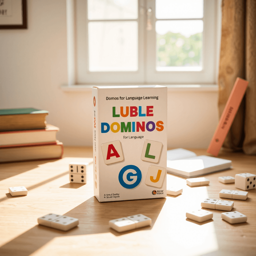 product photography of a box of educational dominoes for language learning