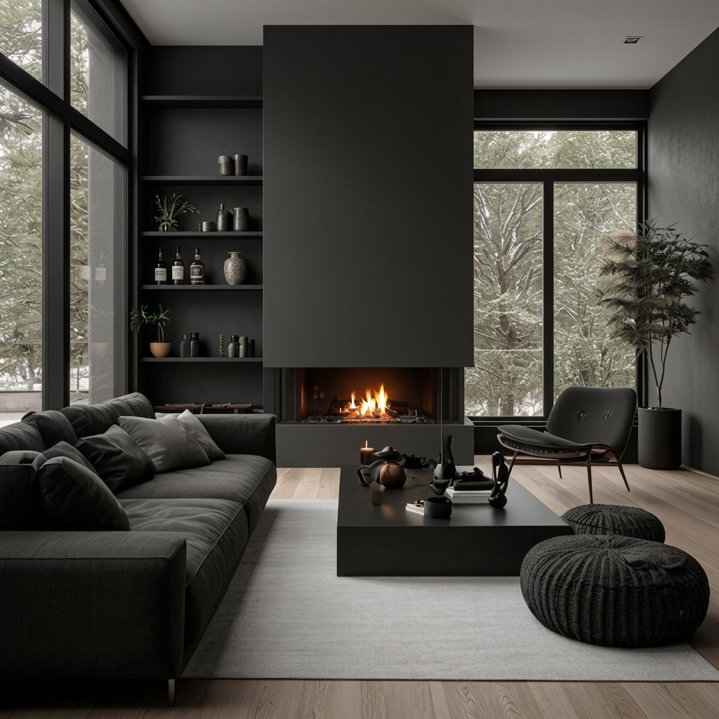 A photograph captures a sophisticated, modern living room featuring all-black furniture, walls, and shelving. Centered is a large, square black fireplace. To the left is a plush black sofa; to the right, a black modern chair and two knitted poufs. A black coffee table holds decorative items. Tall windows on both sides offer a view of a serene, snow-covered forest.