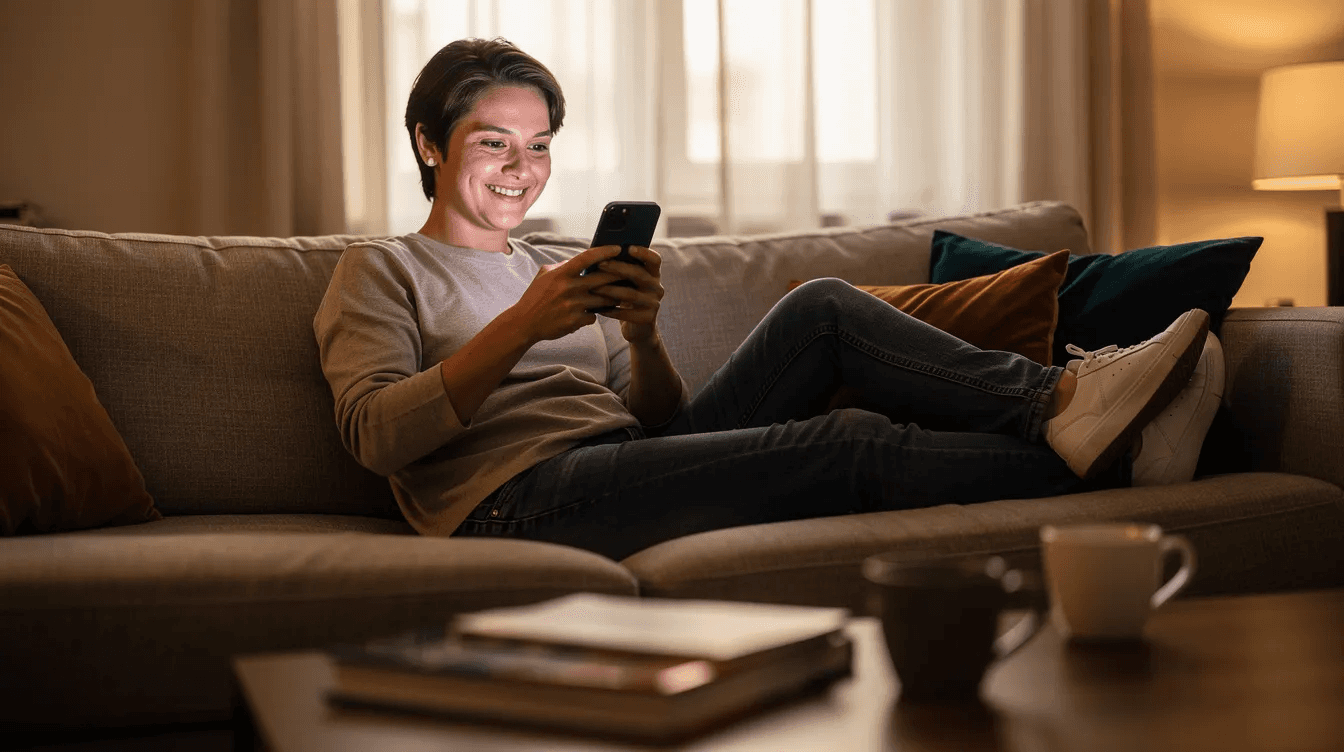 A person is sitting comfortably on a couch, smiling as they use a smartphone, likely engaged in a simple booking process to schedule classes or trials with just a few clicks. The scene conveys a sense of ease and accessibility, highlighting the power of technology in managing events and keeping users informed.