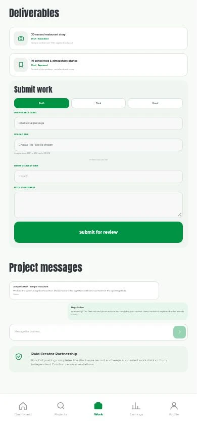 Comfort Creators project workspace showing sample deliverables and messages