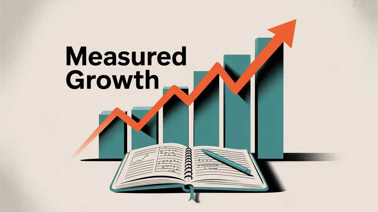 Measured growth illustration with upward trending bar chart showing business analytics and performance metrics