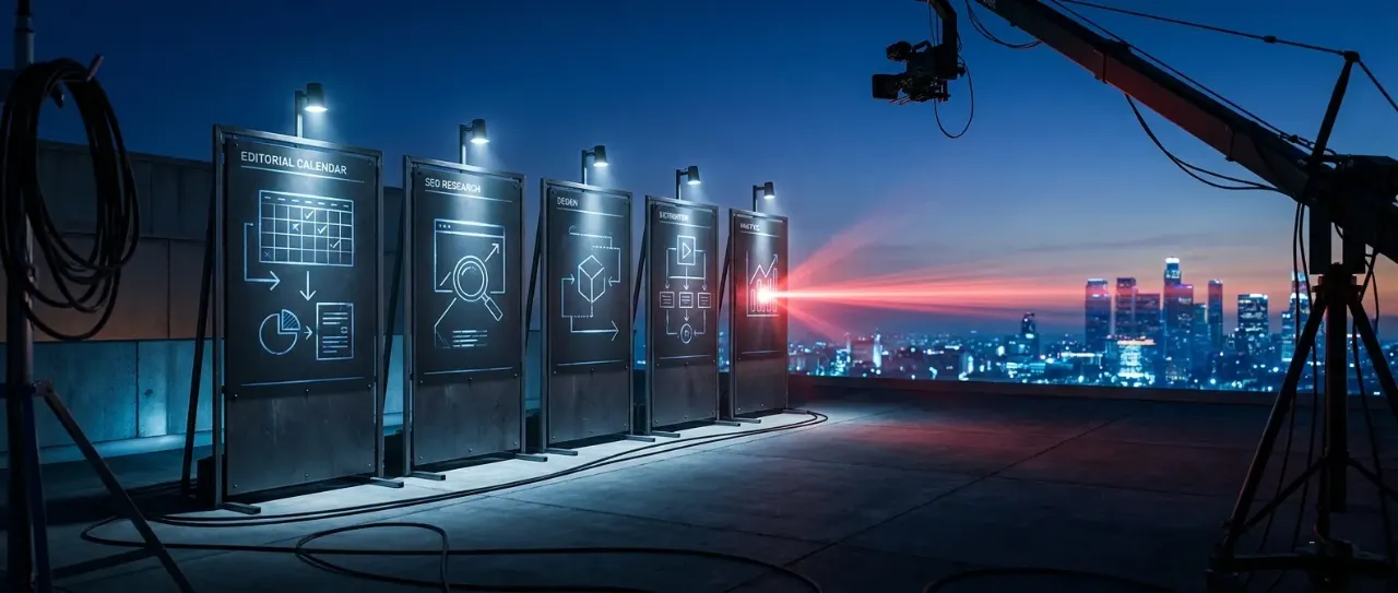 Rooftop digital marketing strategy boards illuminate RockN' Socials agency.