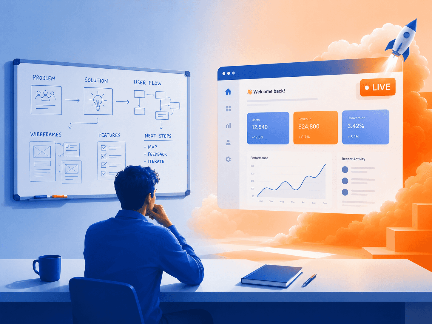 Founder planning an MVP with wireframes and user flows before launching a live product dashboard.