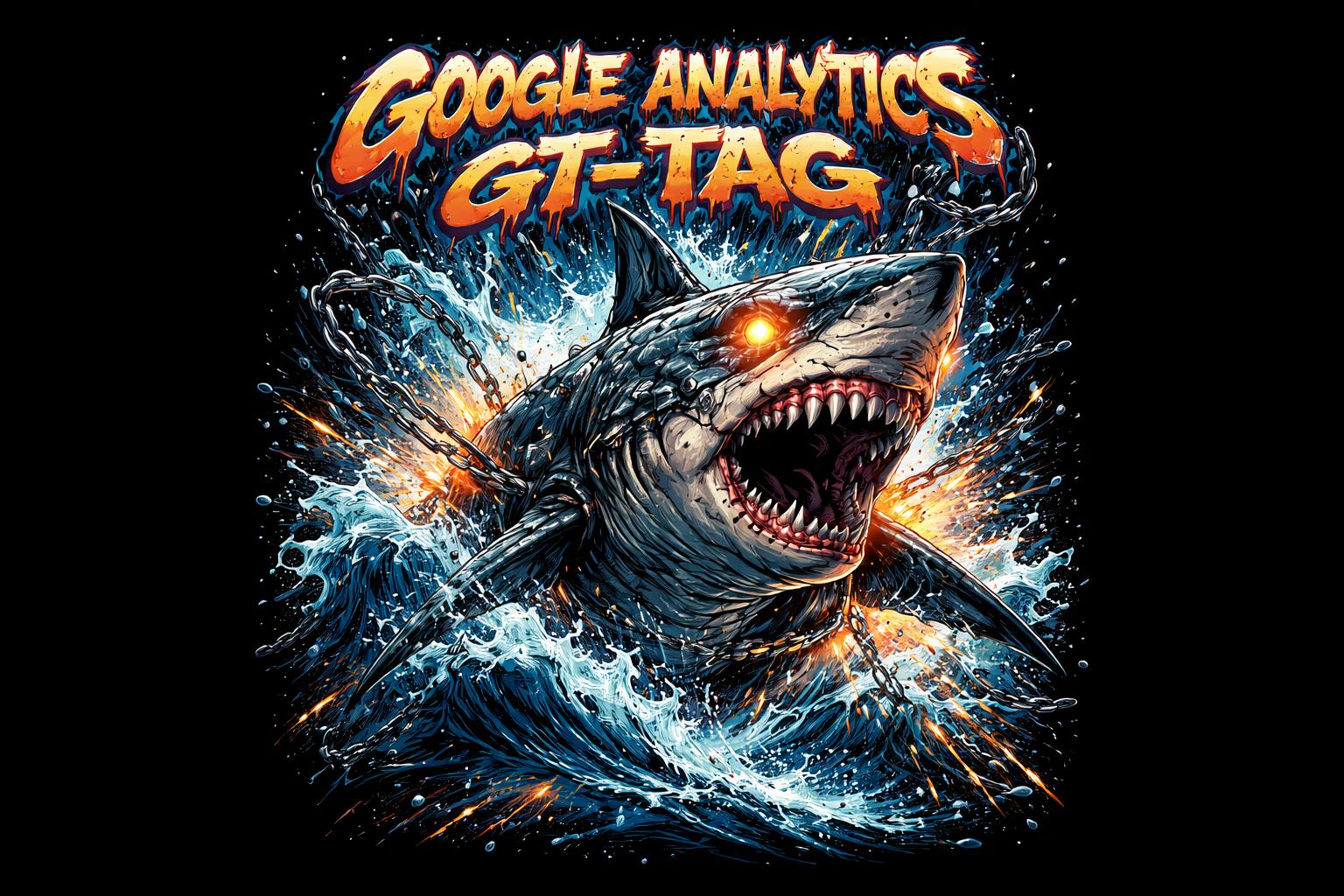 A premium streetwear t-shirt graphic featuring a cyber-aggressive shark bursting through waves and chains, with glowing eyes, metallic scars, and explosive water effects