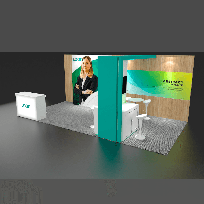 10x20 branded booth with tall feature panel and reception counter