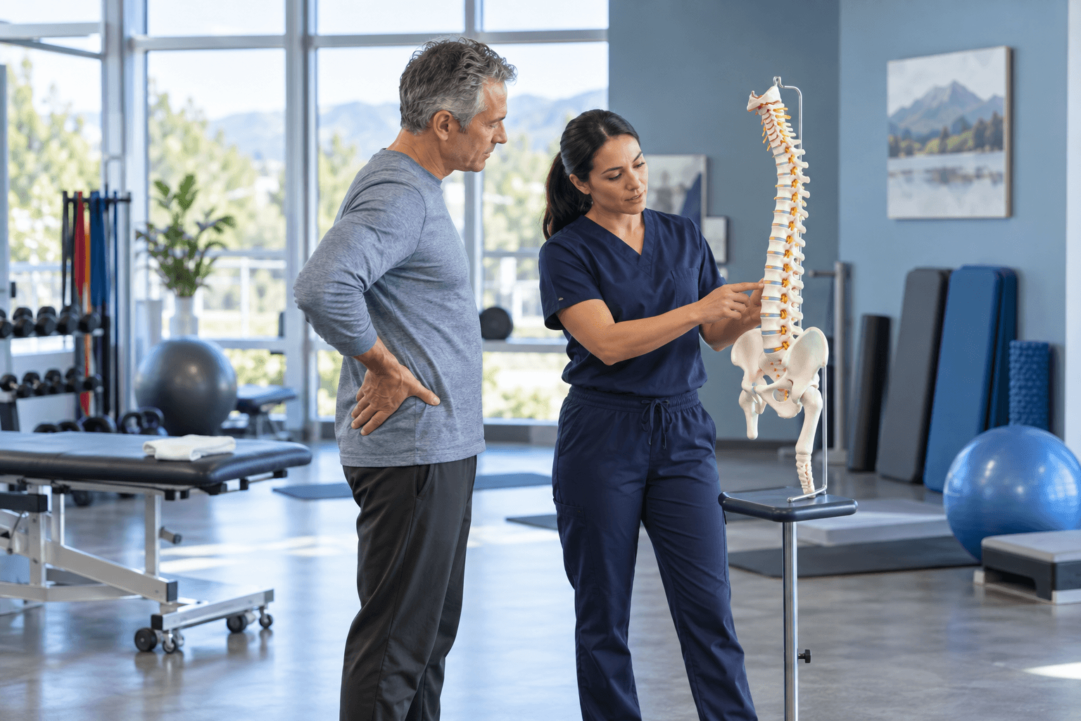 Clinician and patient reviewing a spine model in a rehabilitation room