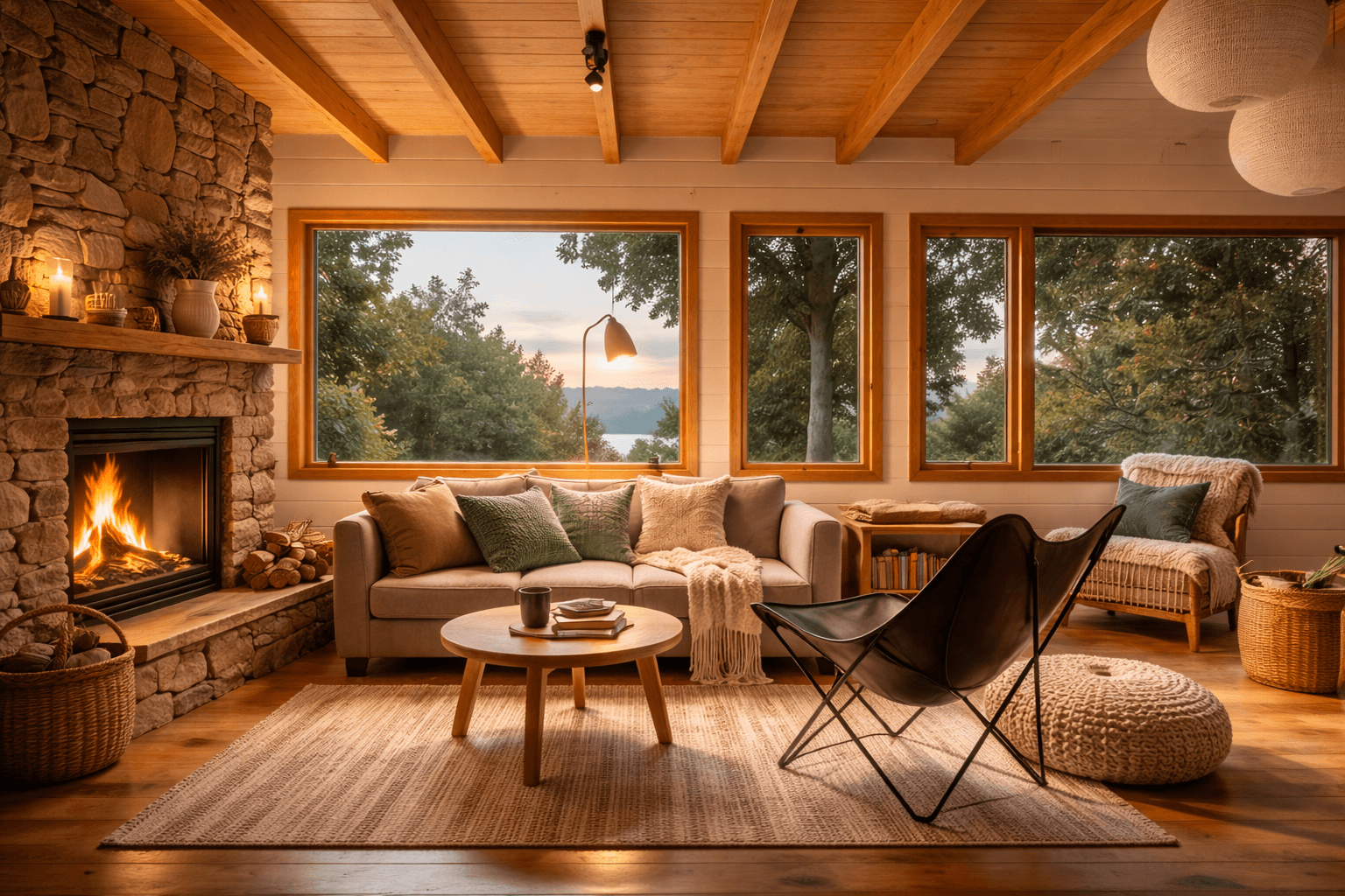 Bright, airy living room with large windows, wooden ceiling, butterfly chair, and scenic outdoor view.