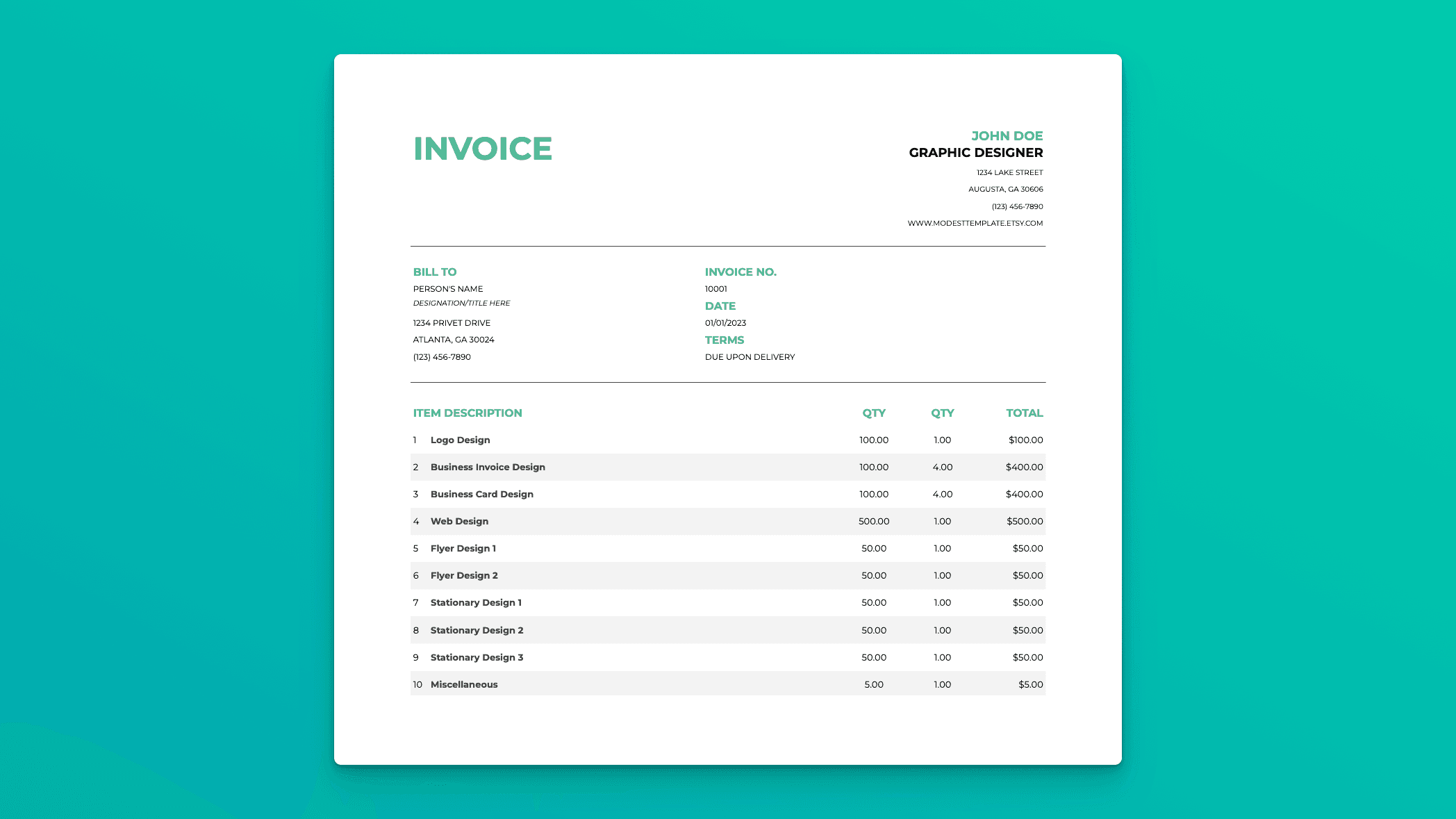 Invoice spreadsheet template with line items, payment terms, and automatically calculated totals.