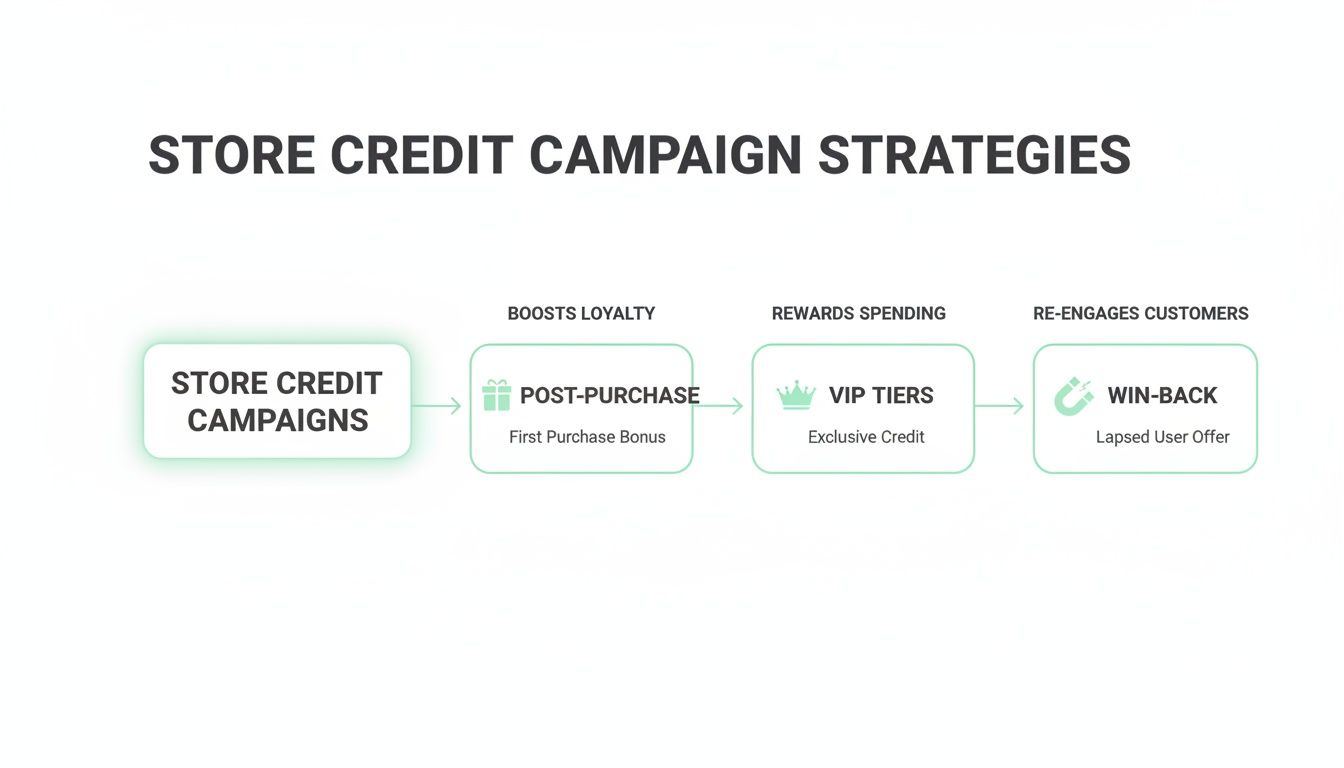 A flowchart illustrating store credit campaign strategies, including post-purchase bonuses, VIP tiers, and win-back offers.