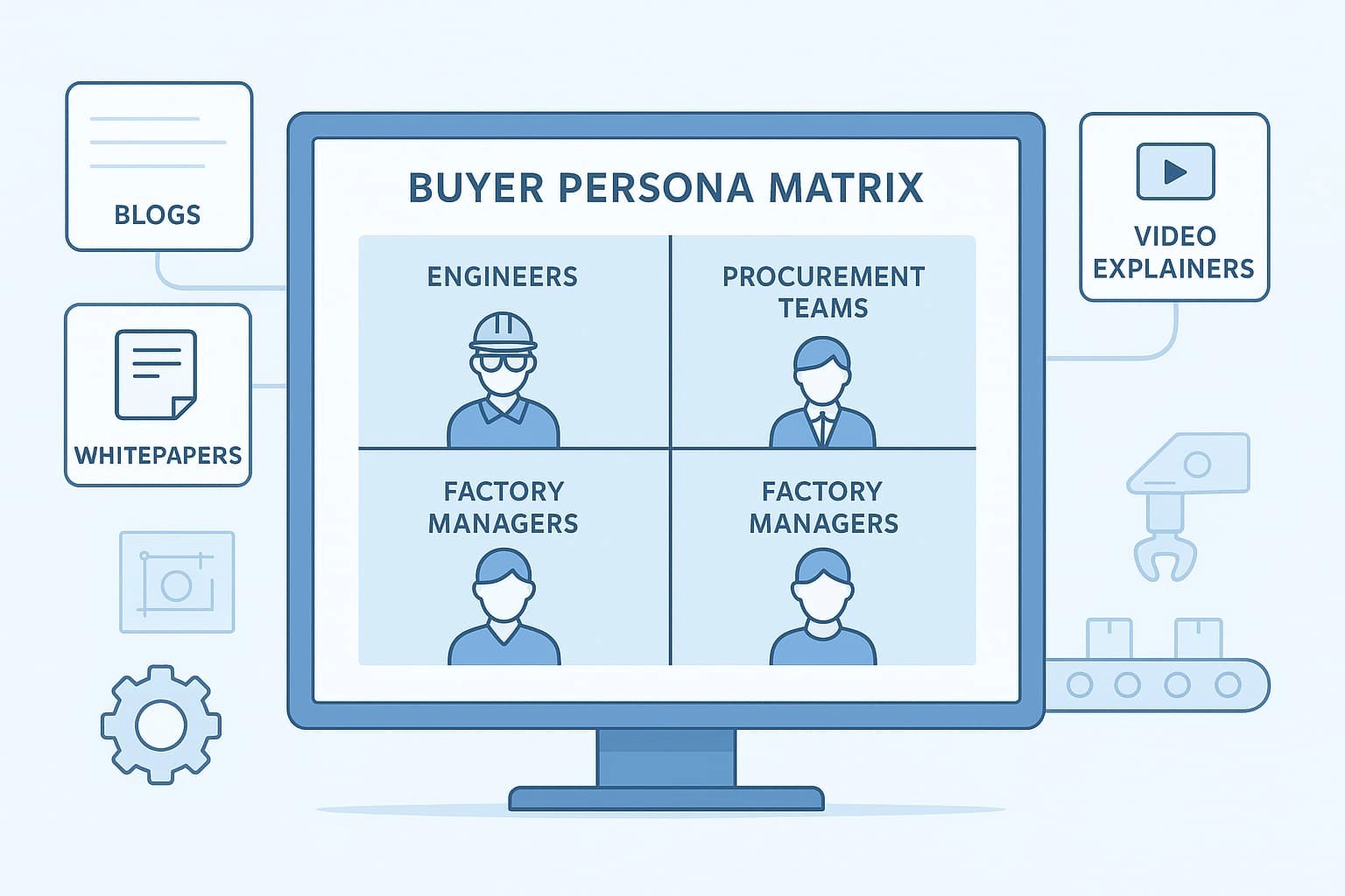 “This image depicts a buyer persona matrix for the manufacturing sector, highlighting key decision-makers such as engineers, procurement teams, factory managers, and operations personnel, relevant for B2B lead generation in this industry”.