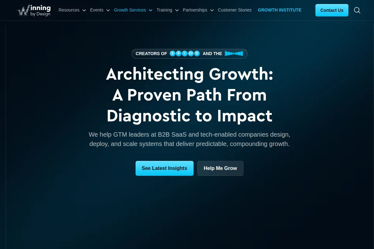 Winning by Design homepage headlined Architecting Growth: a proven path from diagnostic to impact for GTM leaders at B2B SaaS companies