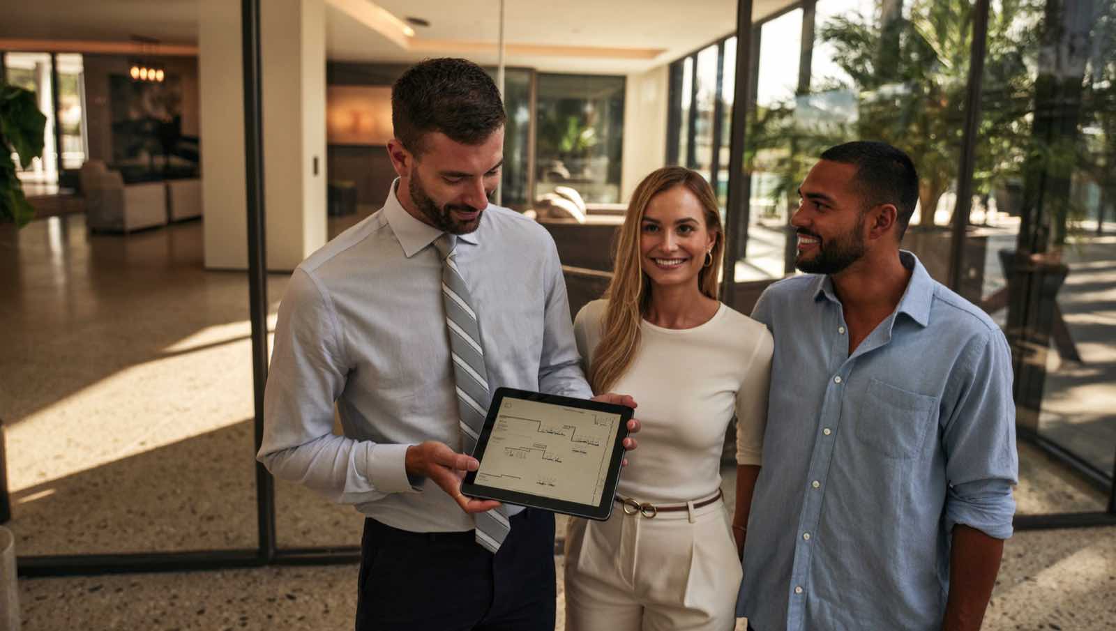 Real estate agent presenting a listing on a tablet to a couple in a building lobby, brokerage marketing in New York by TERAMOK