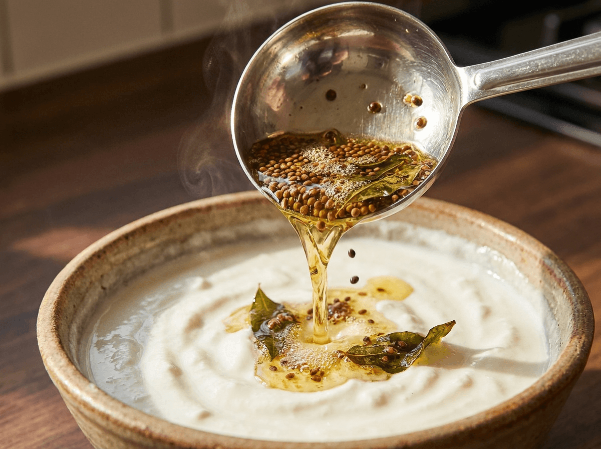 Tadka of mustard seeds and curry leaves poured into whisked yogurt