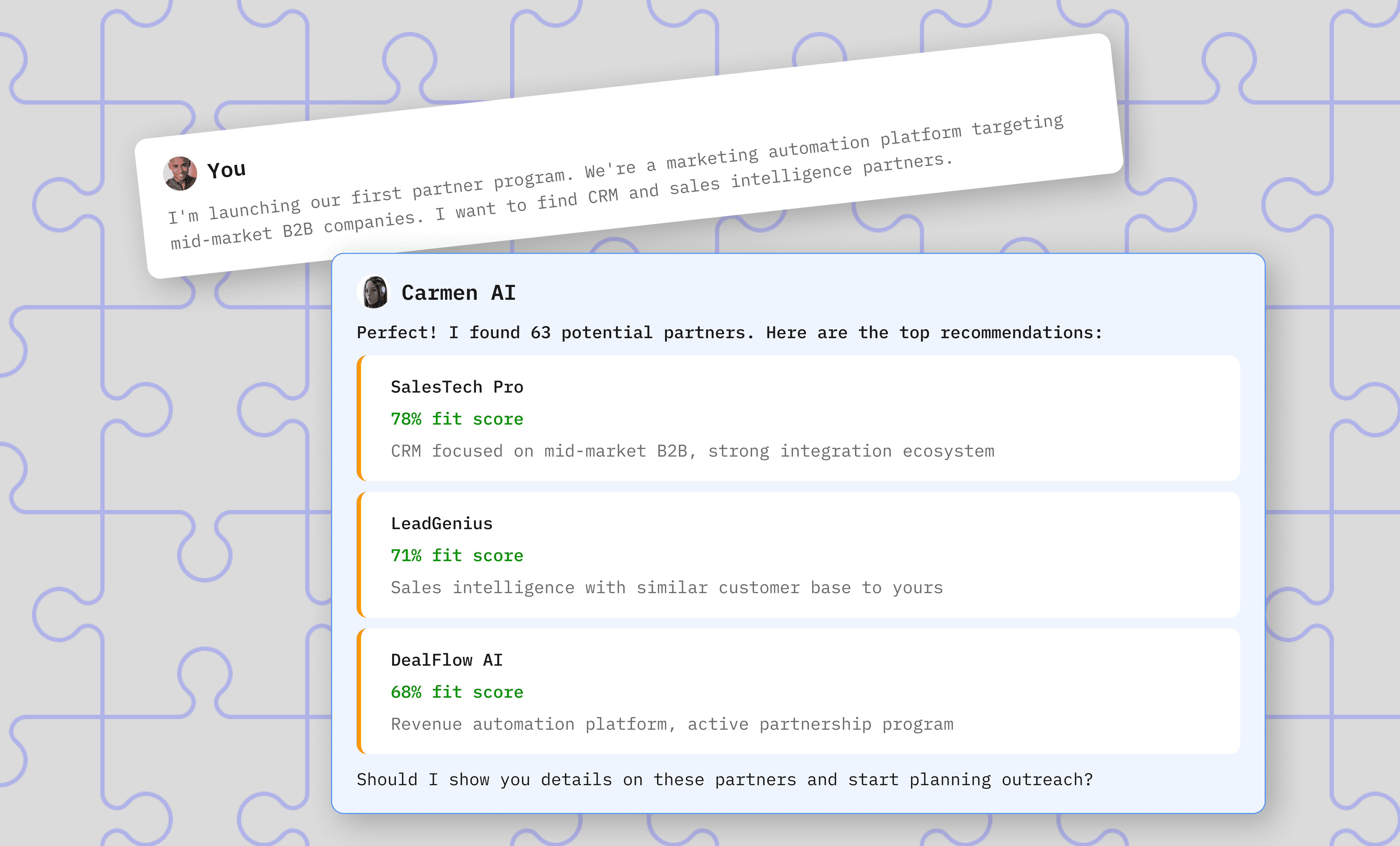 Carmen Chat Interface showing AI Partner Acquisition Process.