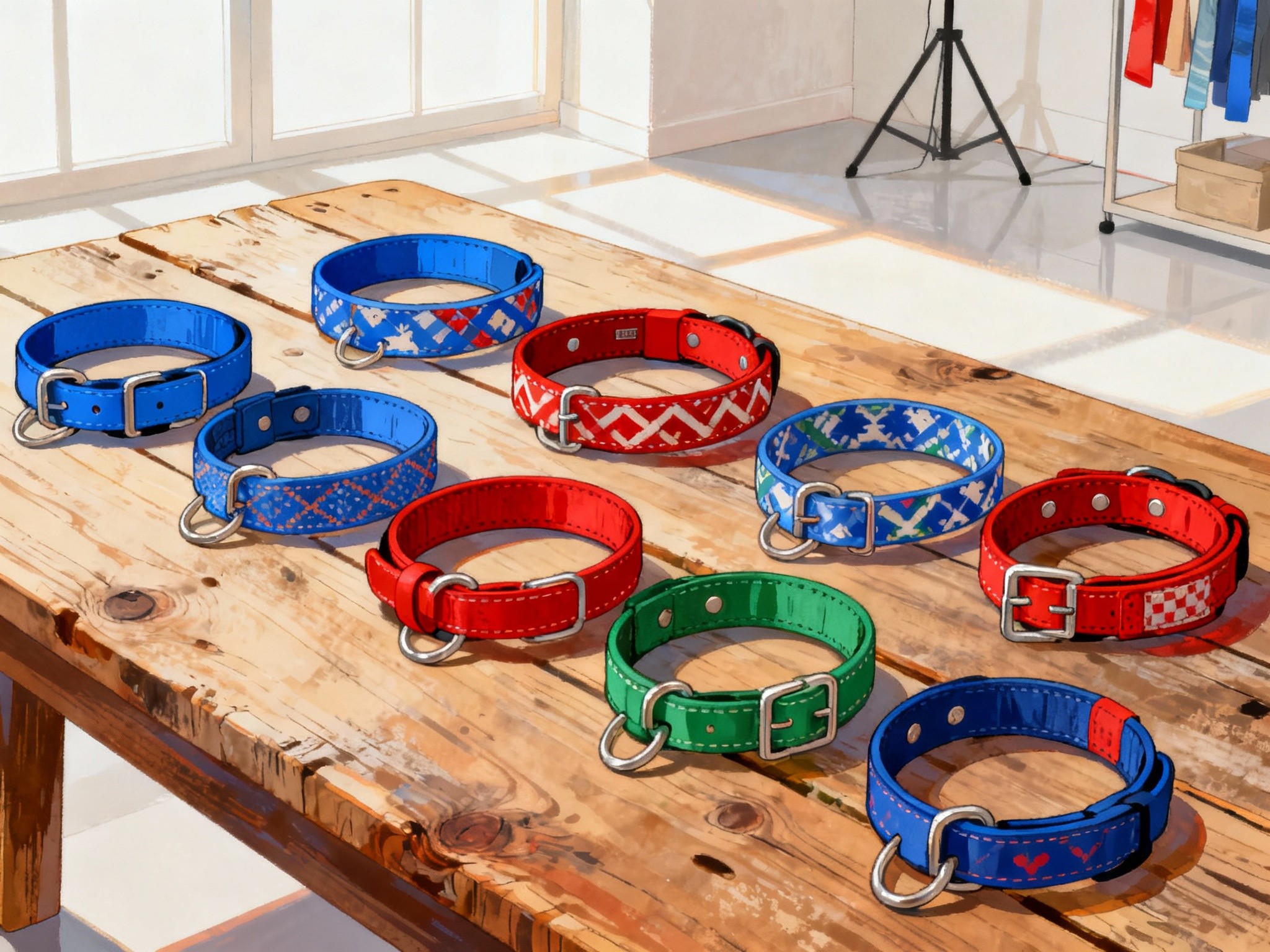 An overhead photograph of a vibrant collection of colorful dog collars artfully arranged on a rustic