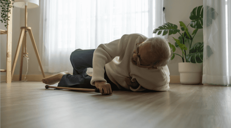 An elderly person who has fallen on the floor near houseplants, representing an accident or incident that needs to be documented in a social care incident report form